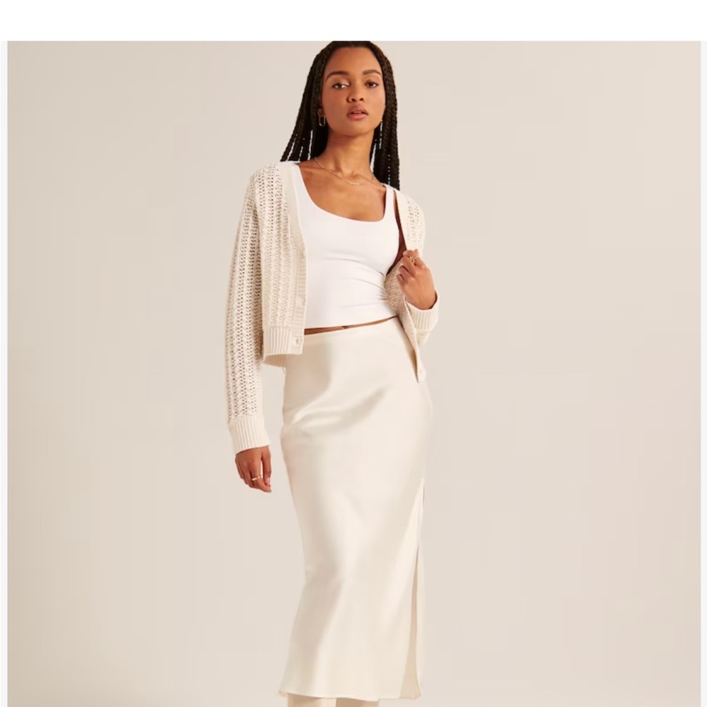 White satin midi skirt with slit